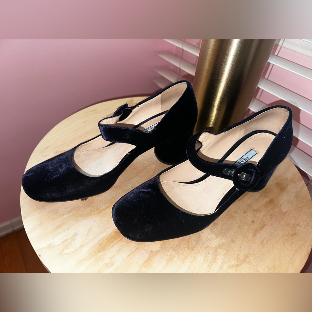 Prada Black Velvet Mary Jane Block Heel Pumps - Picture 2 of 8